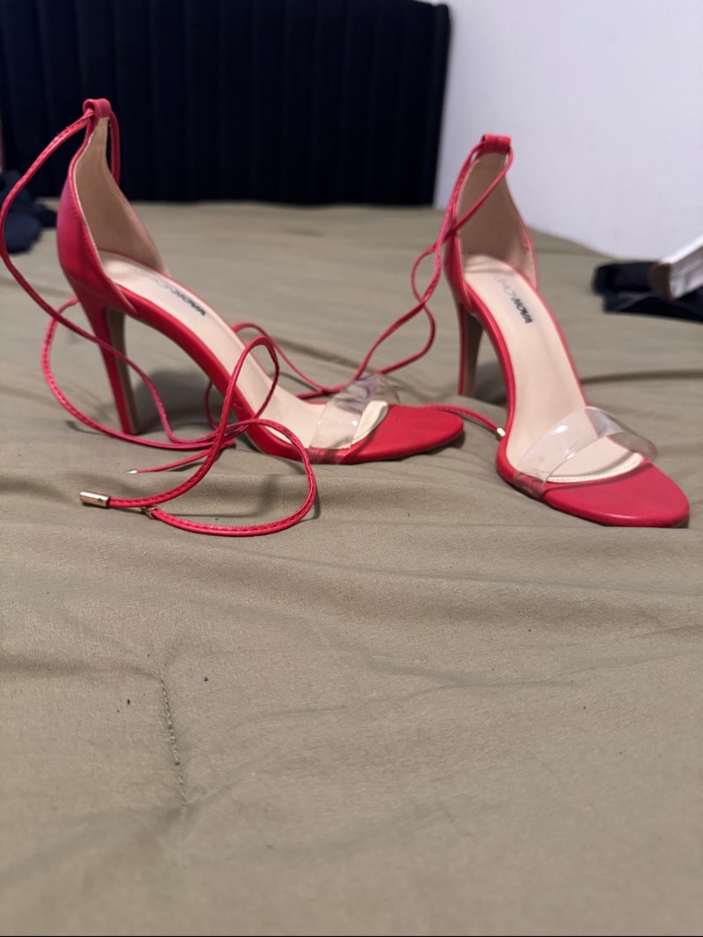 Fashion Nova Red Lace-Up Clear Band Stiletto Heels